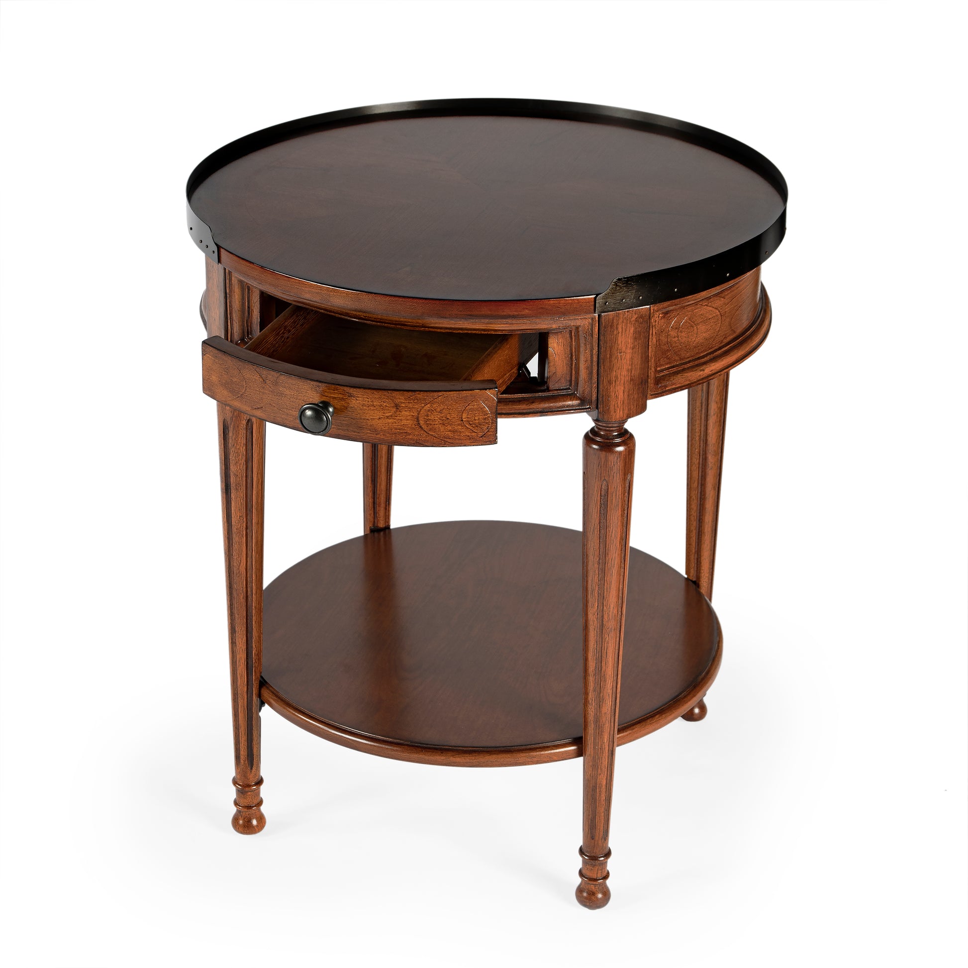 Butler Specialty Company Sampson 22 in. W Round Wood 1 Drawer Side Table with Lower Open Shelf, Medium Brown
