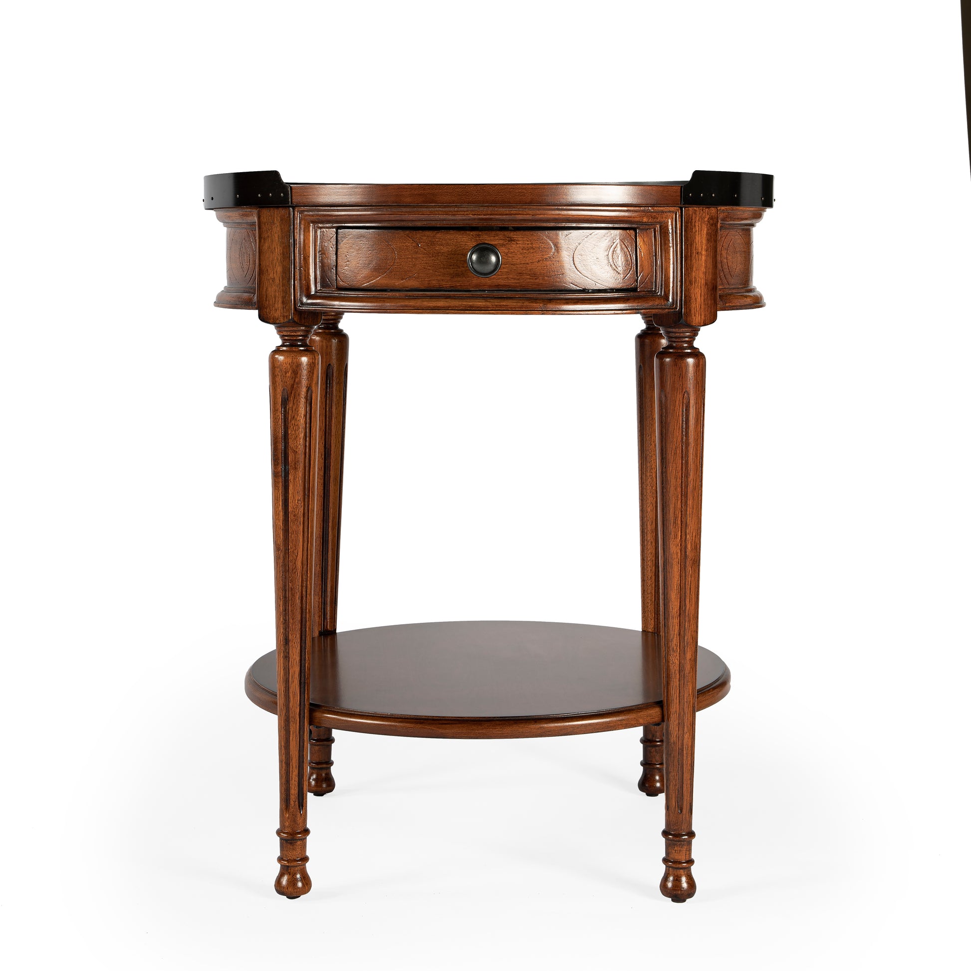 Butler Specialty Company Sampson 22 in. W Round Wood 1 Drawer Side Table with Lower Open Shelf, Medium Brown