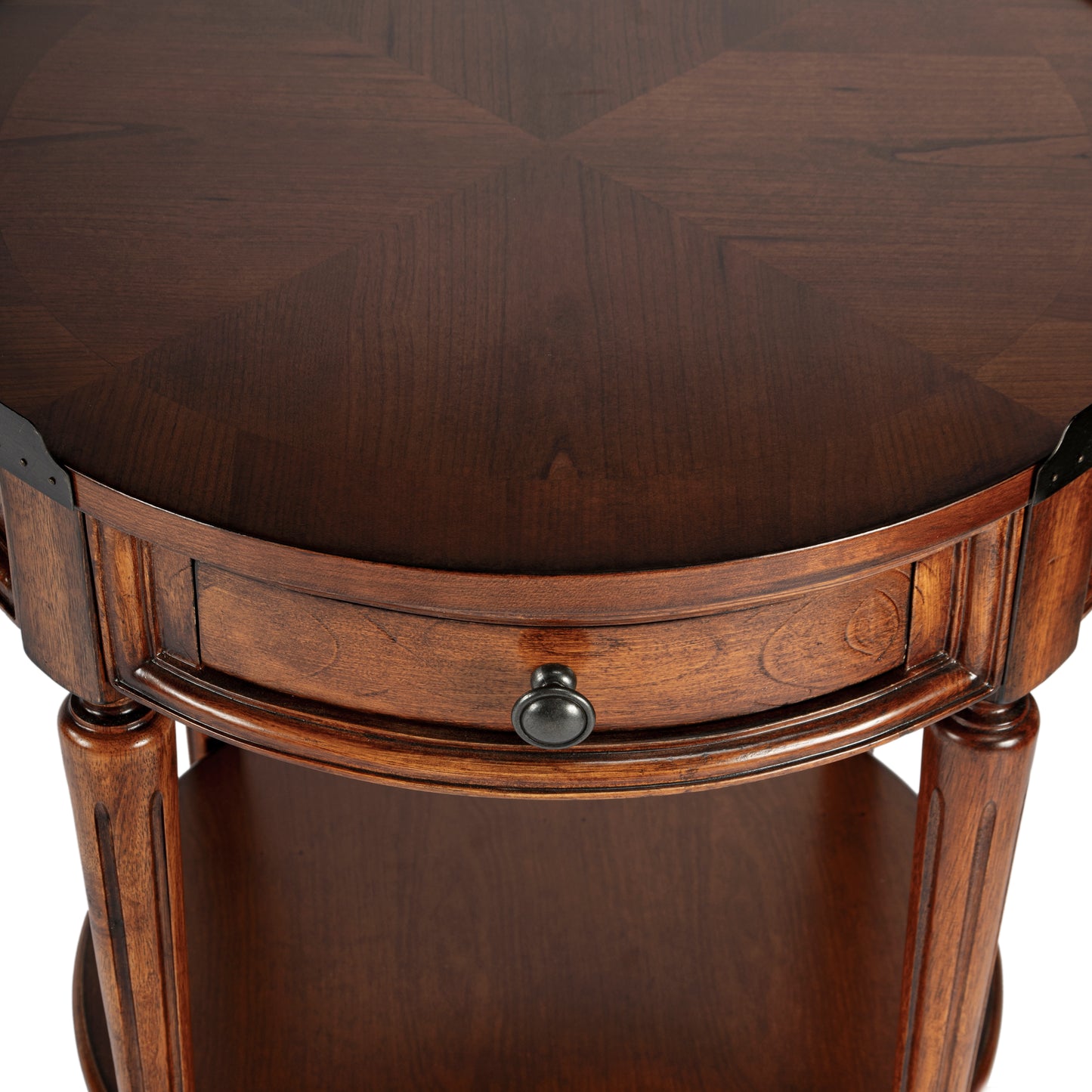 Butler Specialty Company Sampson 22 in. W Round Wood 1 Drawer Side Table with Lower Open Shelf, Medium Brown