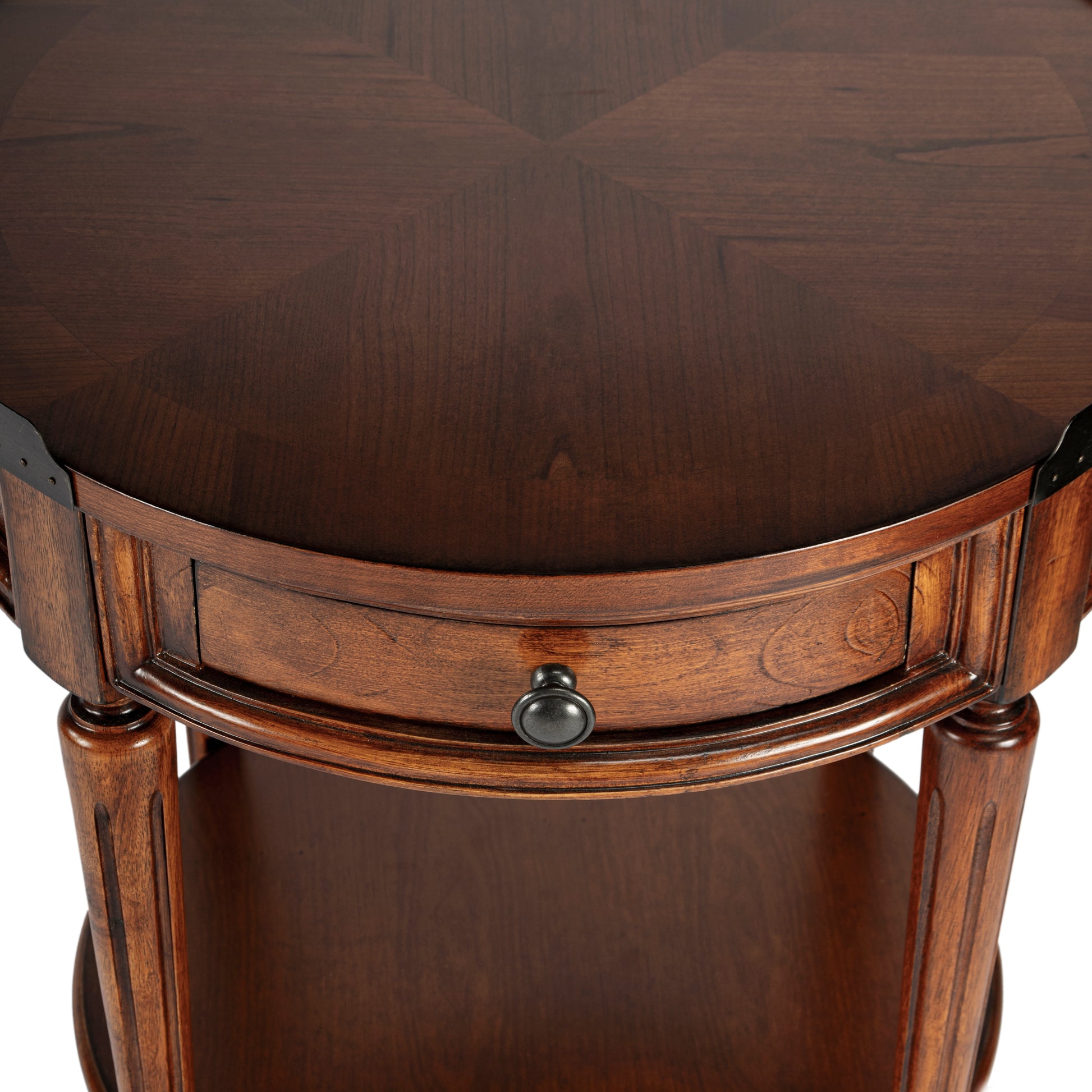 Butler Specialty Company Sampson 22 in. W Round Wood 1 Drawer Side Table with Lower Open Shelf, Medium Brown
