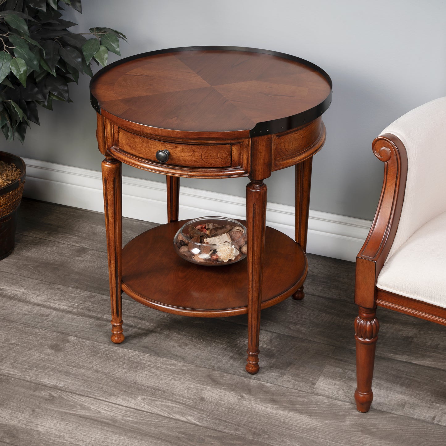 Butler Specialty Company Sampson 22 in. W Round Wood 1 Drawer Side Table with Lower Open Shelf, Medium Brown
