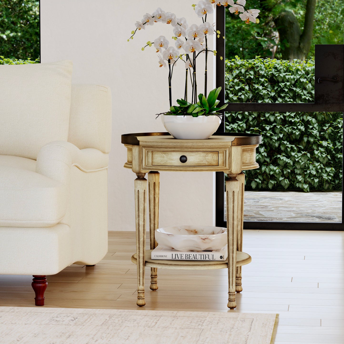 Butler Specialty Company Sampson 22 in. W Round Wood 1 Drawer Side Table with Lower Open Shelf, Beige
