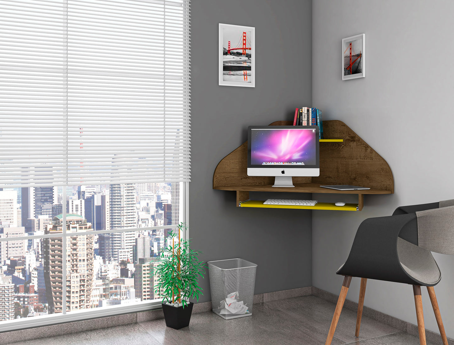 Manhattan Comfort Bradley Floating Corner Desk with Keyboard Shelf in Rustic Brown and Yellow 231BMC94