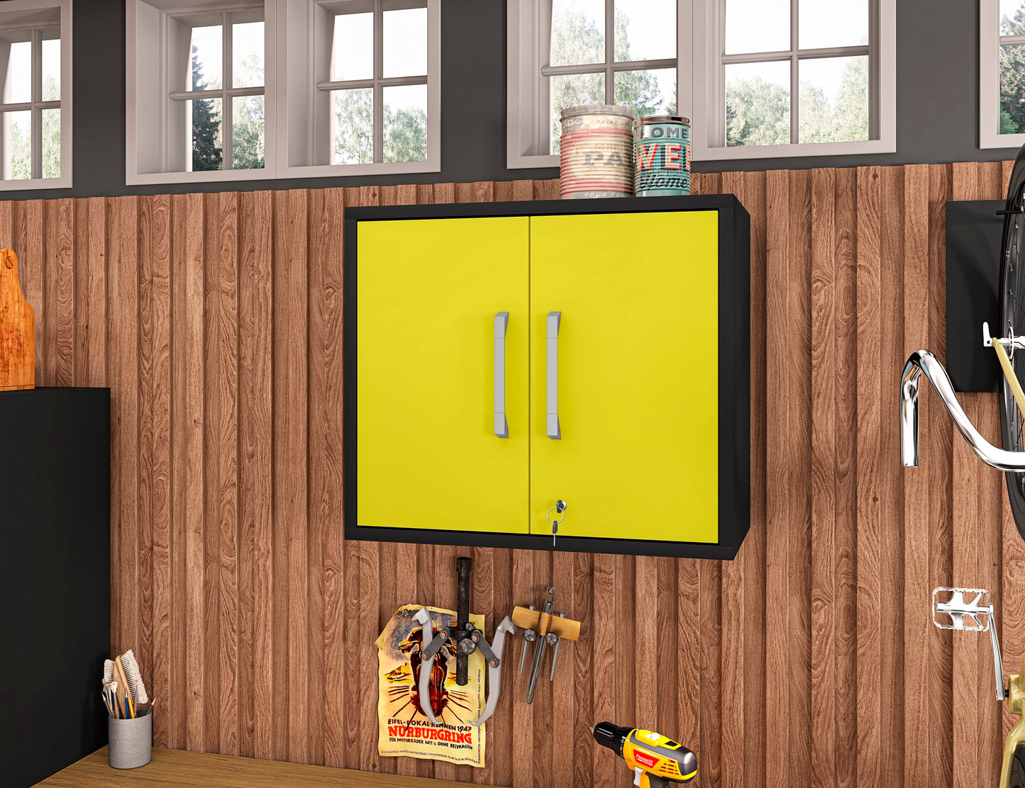 Manhattan Comfort Eiffel Floating Garage Storage Cabinet with Lock and Key in Yellow Gloss 251BMC84