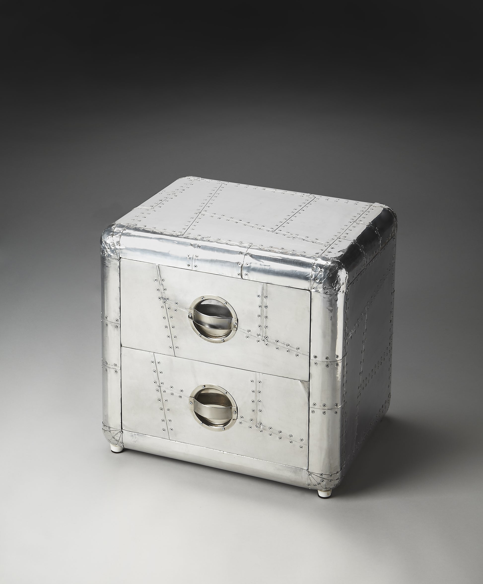 Butler Specialty Company Midway 20 in. W Rectangular Metal and Wood Aviator Themed 2 Drawer Side Table, Silver