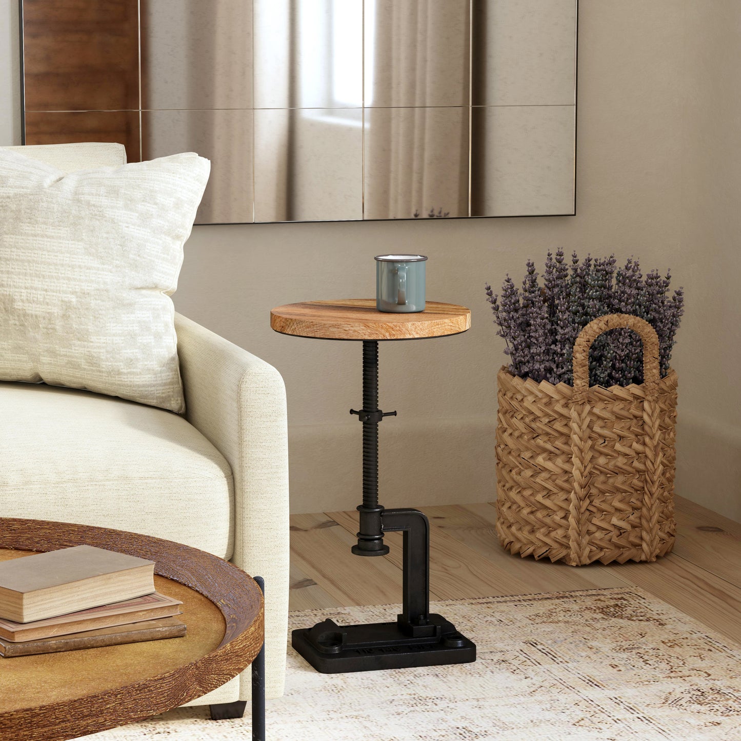 Butler Specialty Company Ellis 22.5 in. Seat Height Round Wood and Metal Adjustable Height Pedestal Side Table, Multi-Color