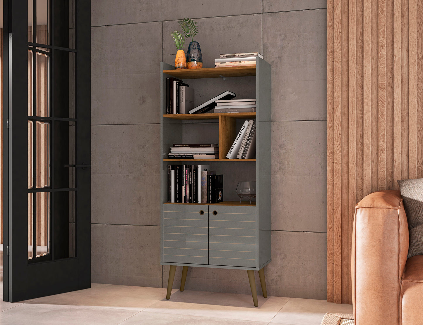 Manhattan Comfort Bogart 62.6" Mid-Century Modern Bookcase in Grey and Nature 254BMC50