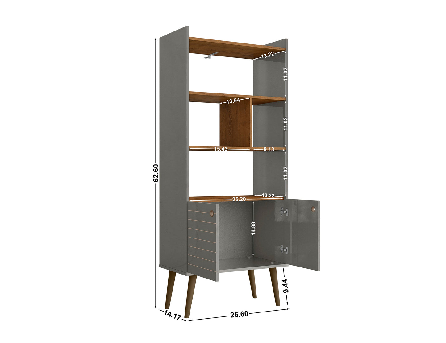 Manhattan Comfort Bogart 62.6" Mid-Century Modern Bookcase in Grey and Nature 254BMC50