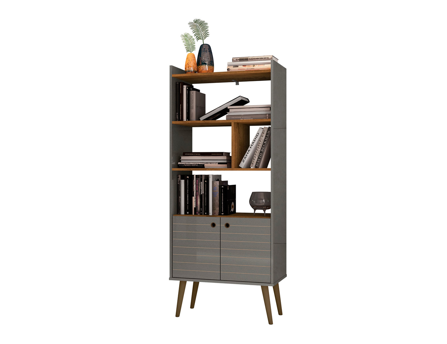 Manhattan Comfort Bogart 62.6" Mid-Century Modern Bookcase in Grey and Nature 254BMC50