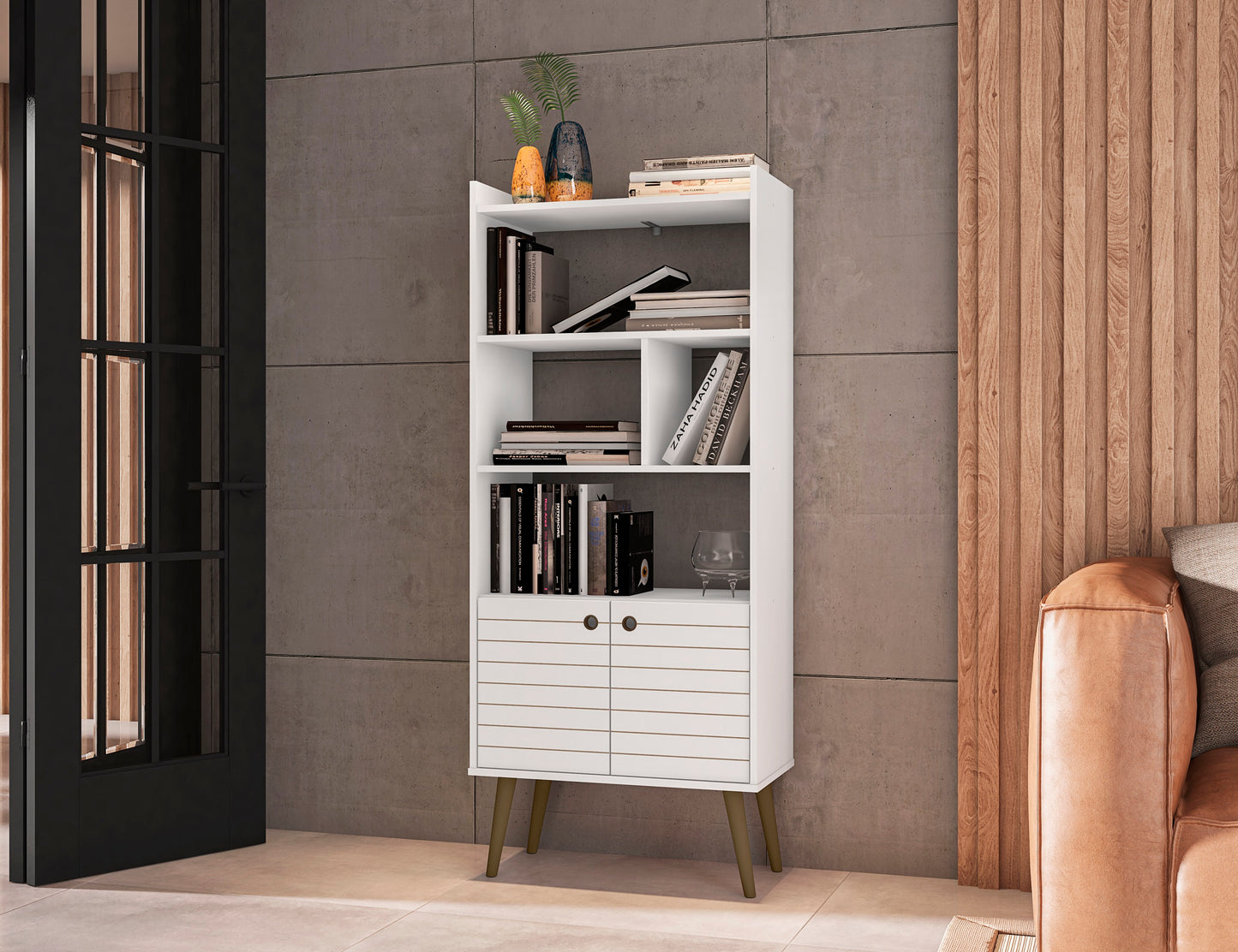 Manhattan Comfort Bogart 62.6" Mid-Century Modern Bookcase in White and Nature 254BMC6