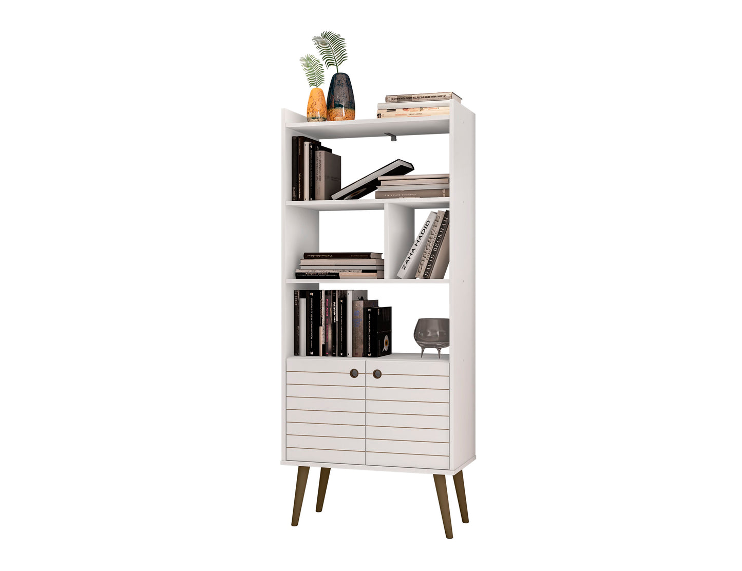 Manhattan Comfort Bogart 62.6" Mid-Century Modern Bookcase in White and Nature 254BMC6