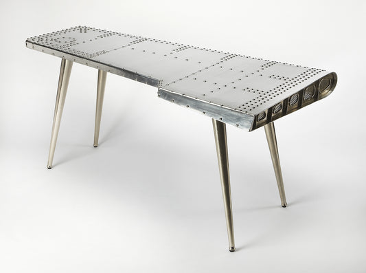 Butler Specialty Company Midway 65.5 in. W Triangular Metal and Wood Aviator Themed Desk, Silver