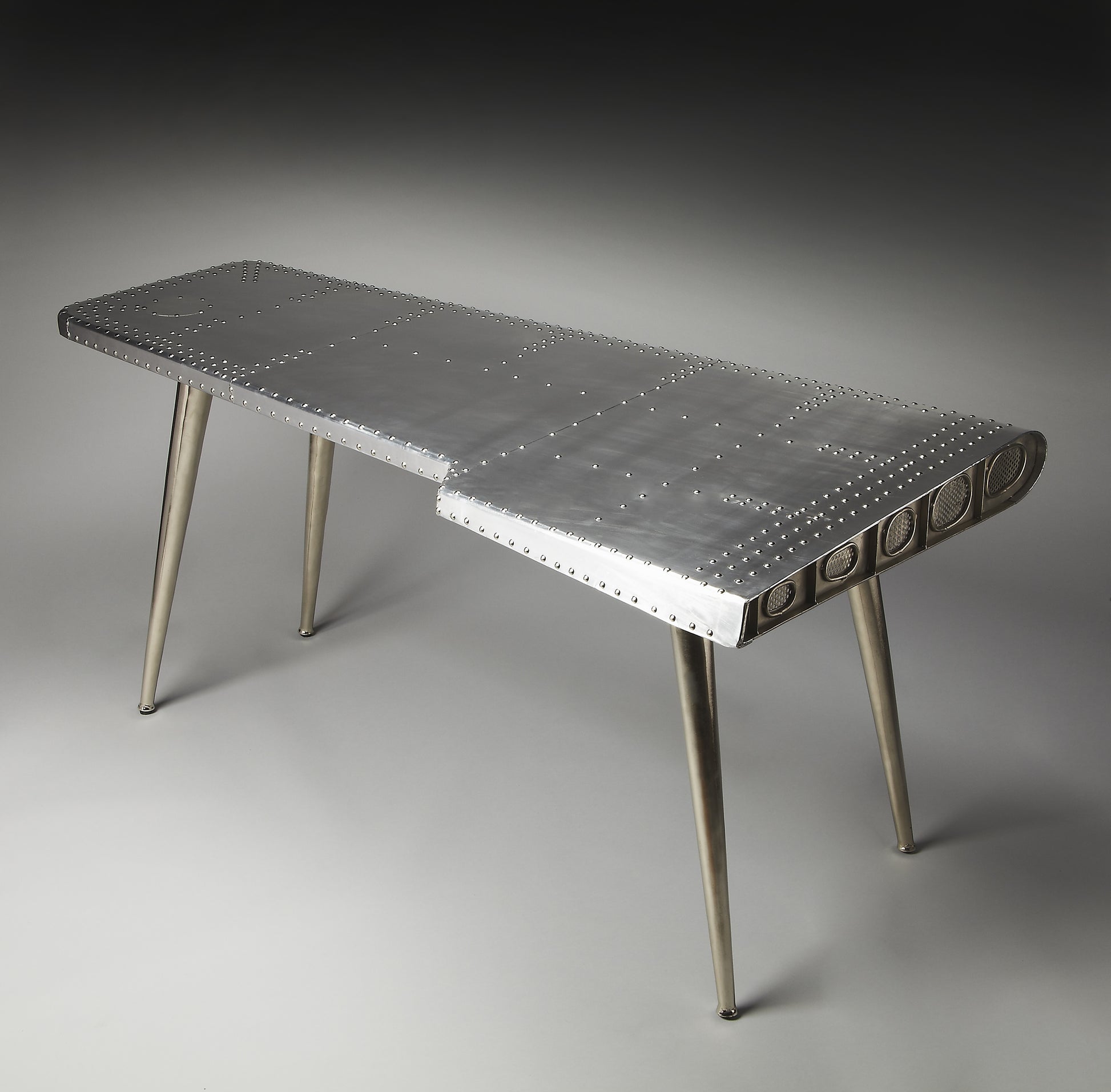 Butler Specialty Company Midway 65.5 in. W Triangular Metal and Wood Aviator Themed Desk, Silver