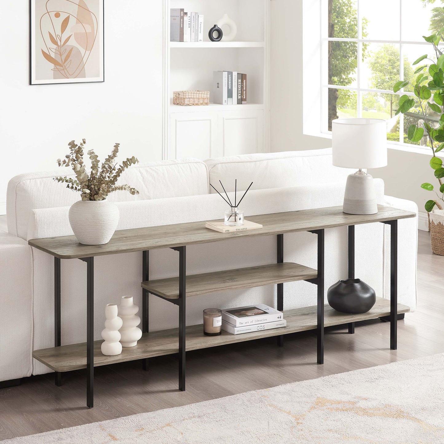 Celine Contemporary Modern 71" Console Table in Rustic Gray (3-Shelf) 25570-GY