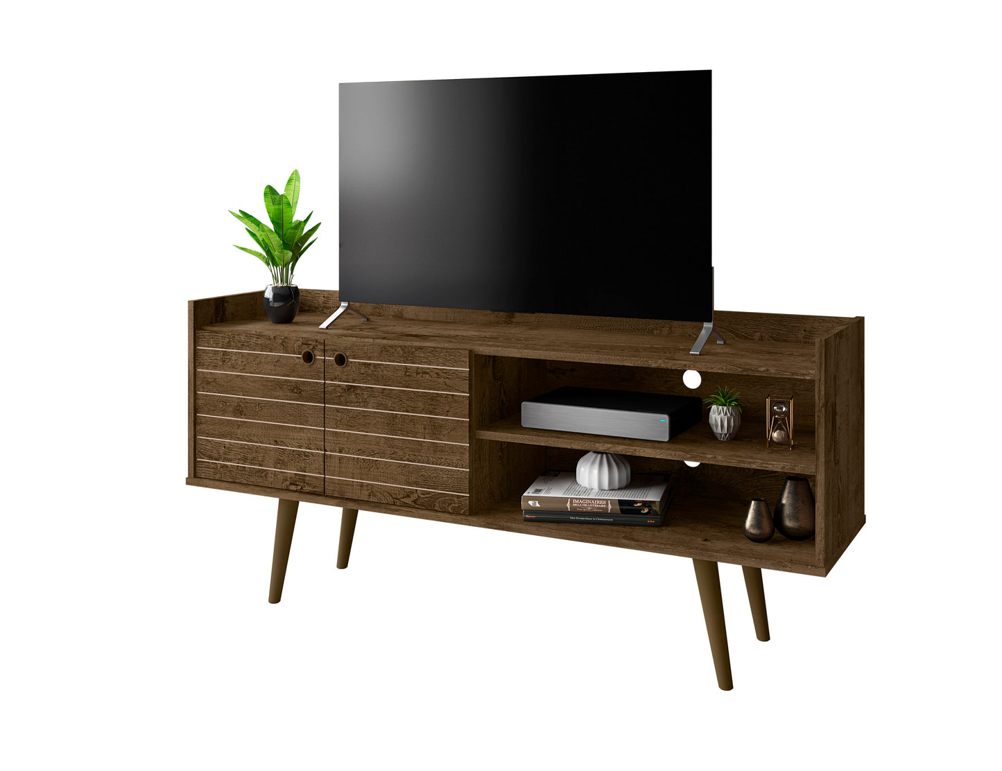 Manhattan Comfort Bogart 53.54" Mid-Century Modern TV Stand in Black and Nature