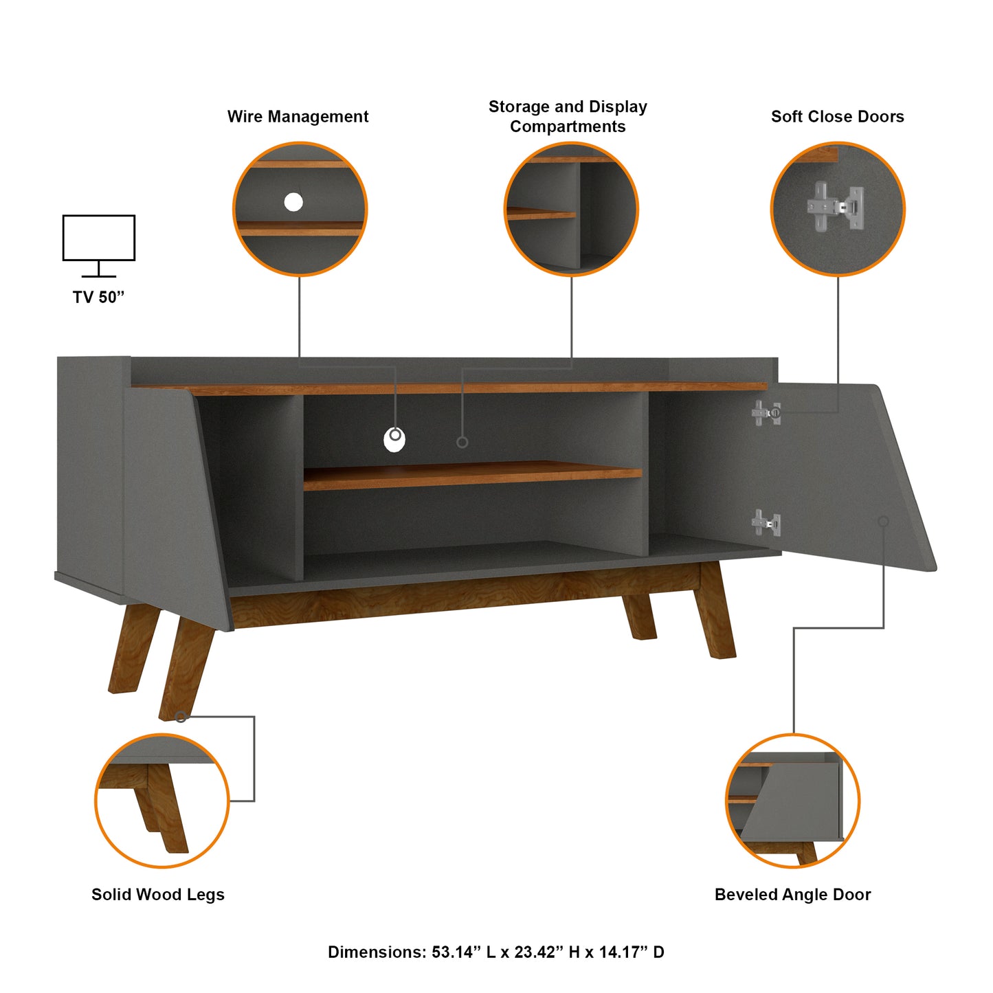 Marcus Mid-Century Modern 53" TV Stand in Dark Sage Gray and Brown 259BMC50