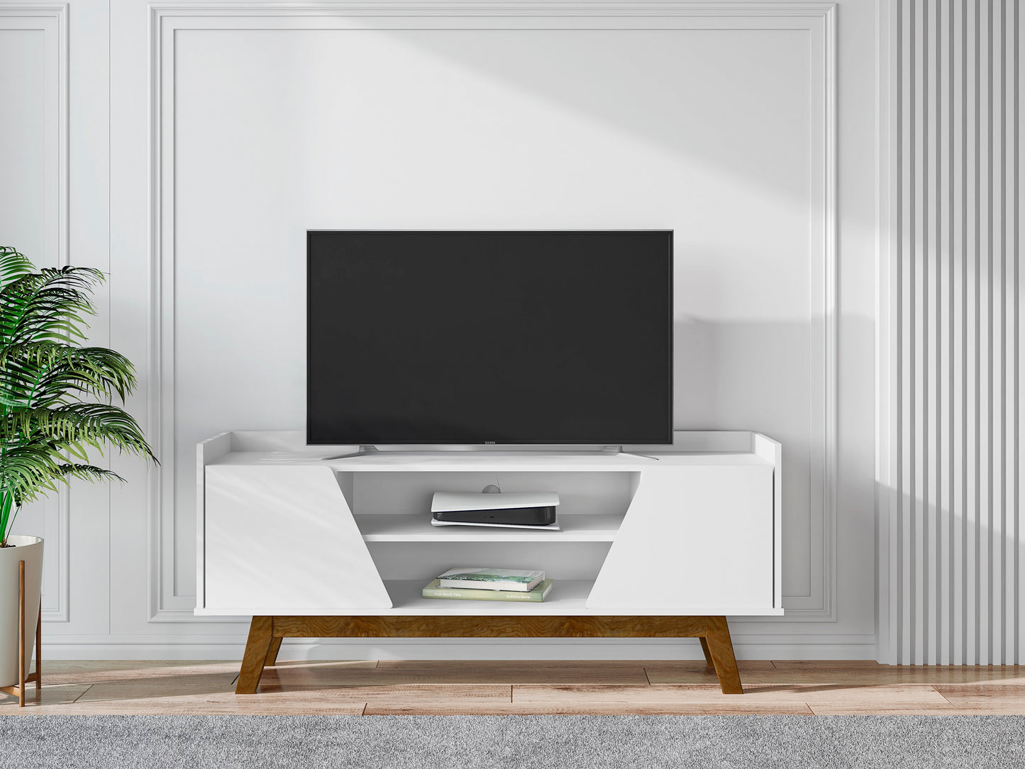Manhattan Comfort Mid-Century Modern Marcus 53.14 TV Stand with Solid Wood Legs in White 259BMC6