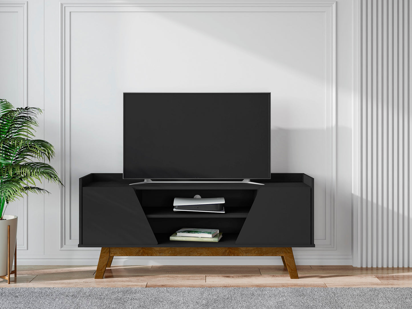 Manhattan Comfort Mid-Century Modern Marcus 53.14 TV Stand with Solid Wood Legs in Matte Black 259BMC8