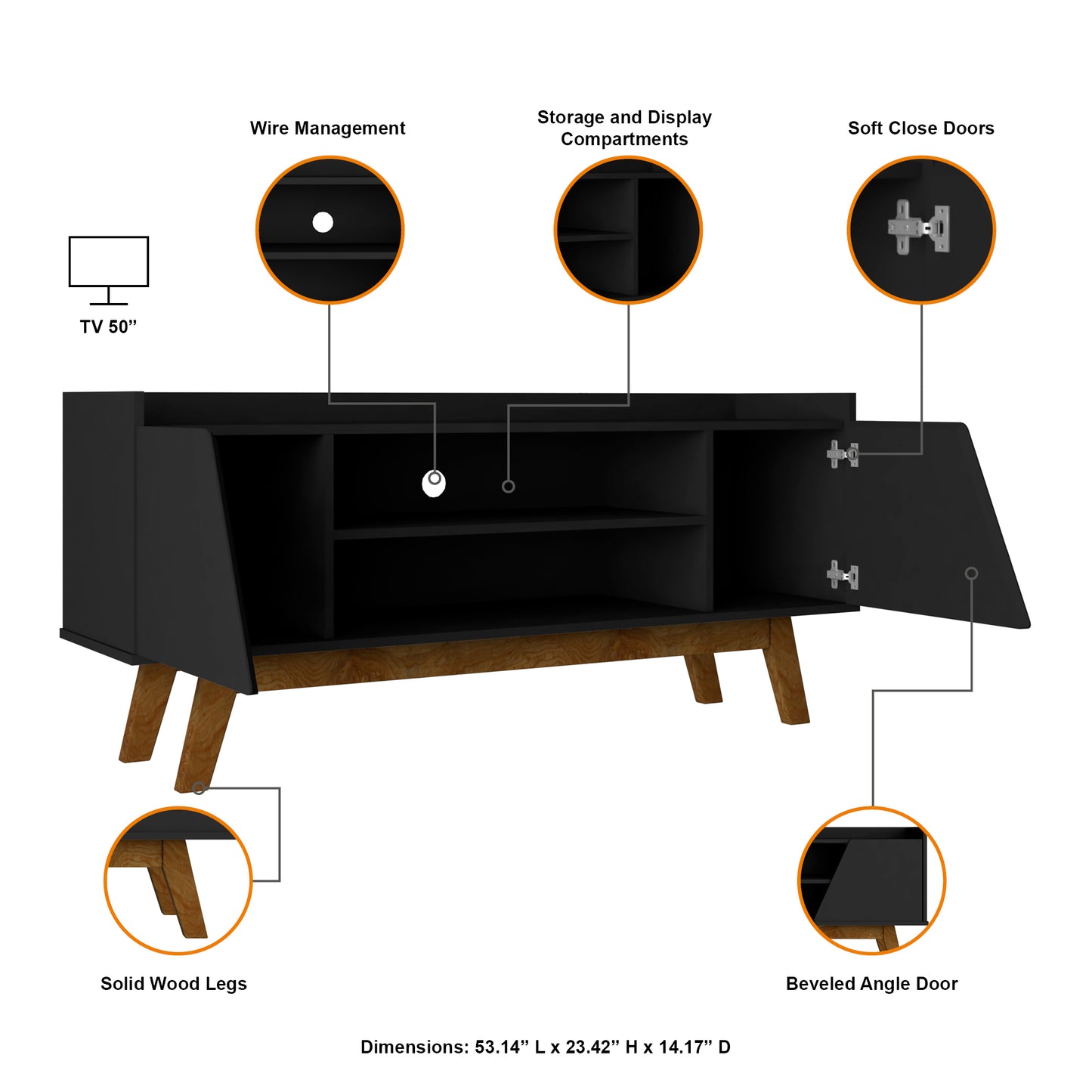 Manhattan Comfort Mid-Century Modern Marcus 53.14 TV Stand with Solid Wood Legs in Matte Black 259BMC8