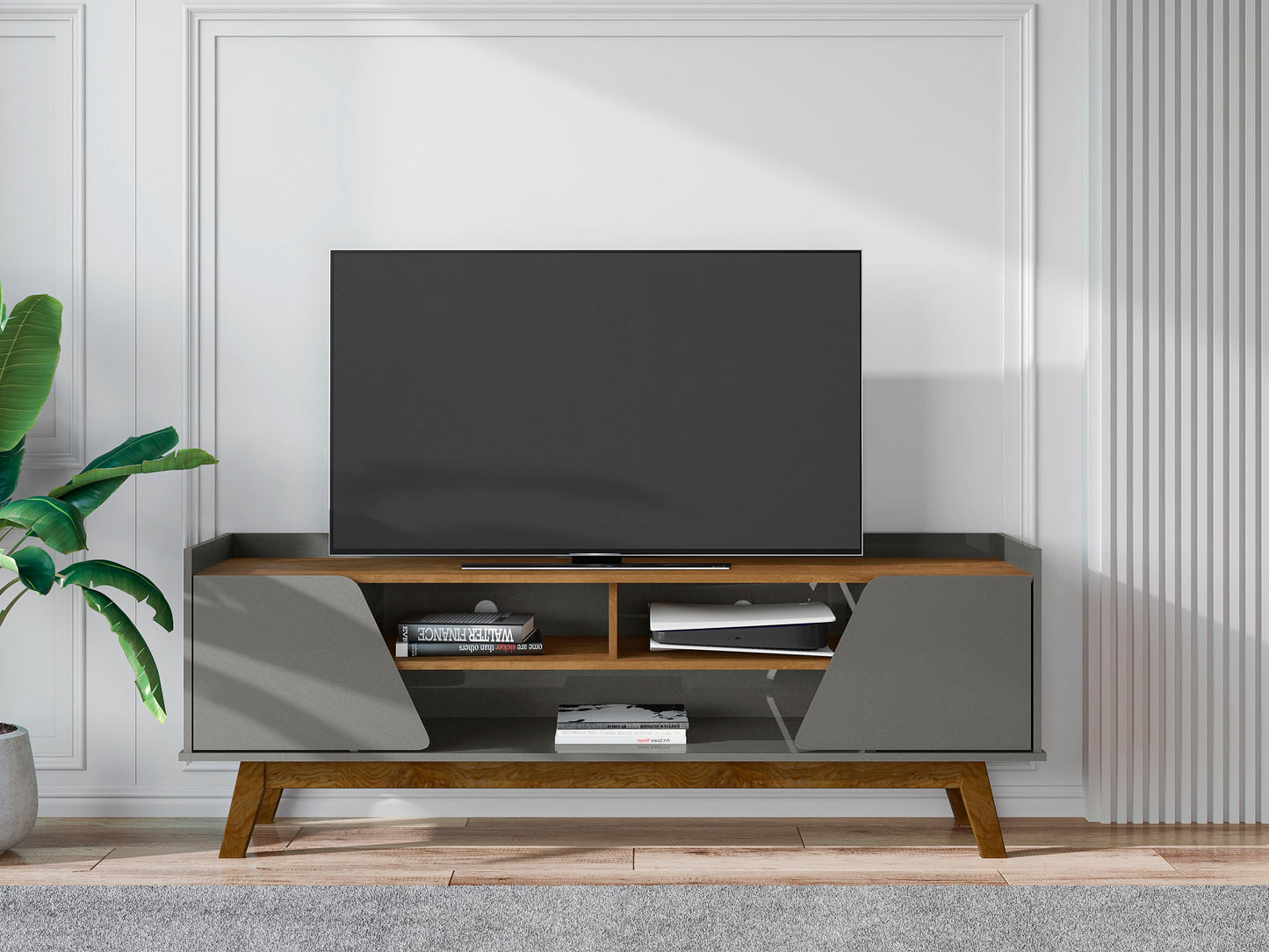 Manhattan Comfort Mid-Century Modern Marcus 62.99 TV Stand with Solid Wood Legs in Grey and Nature 260BMC50