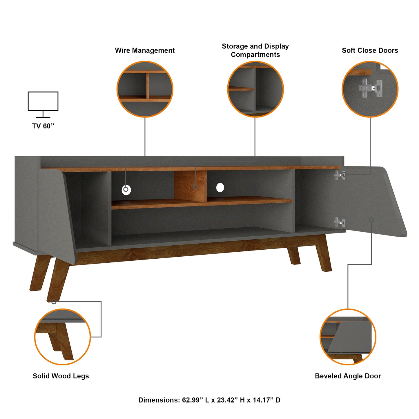 Manhattan Comfort Mid-Century Modern Marcus 62.99 TV Stand with Solid Wood Legs in Grey and Nature 260BMC50
