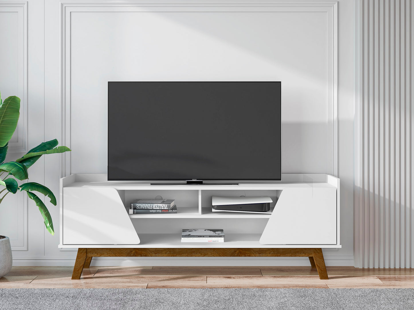 Manhattan Comfort Mid-Century Modern Marcus 62.99 TV Stand with Solid Wood Legs in White 260BMC6