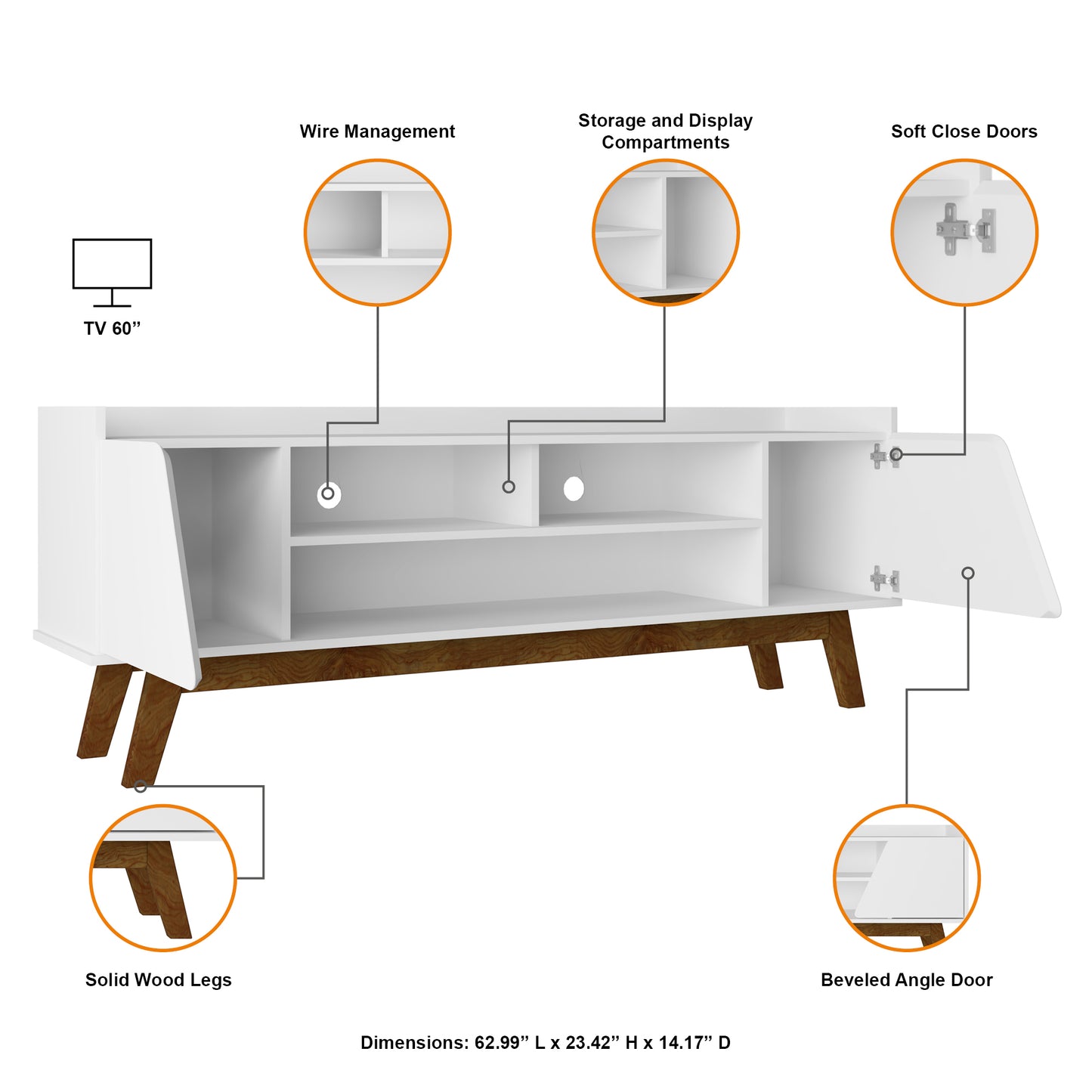 Manhattan Comfort Mid-Century Modern Marcus 62.99 TV Stand with Solid Wood Legs in White 260BMC6