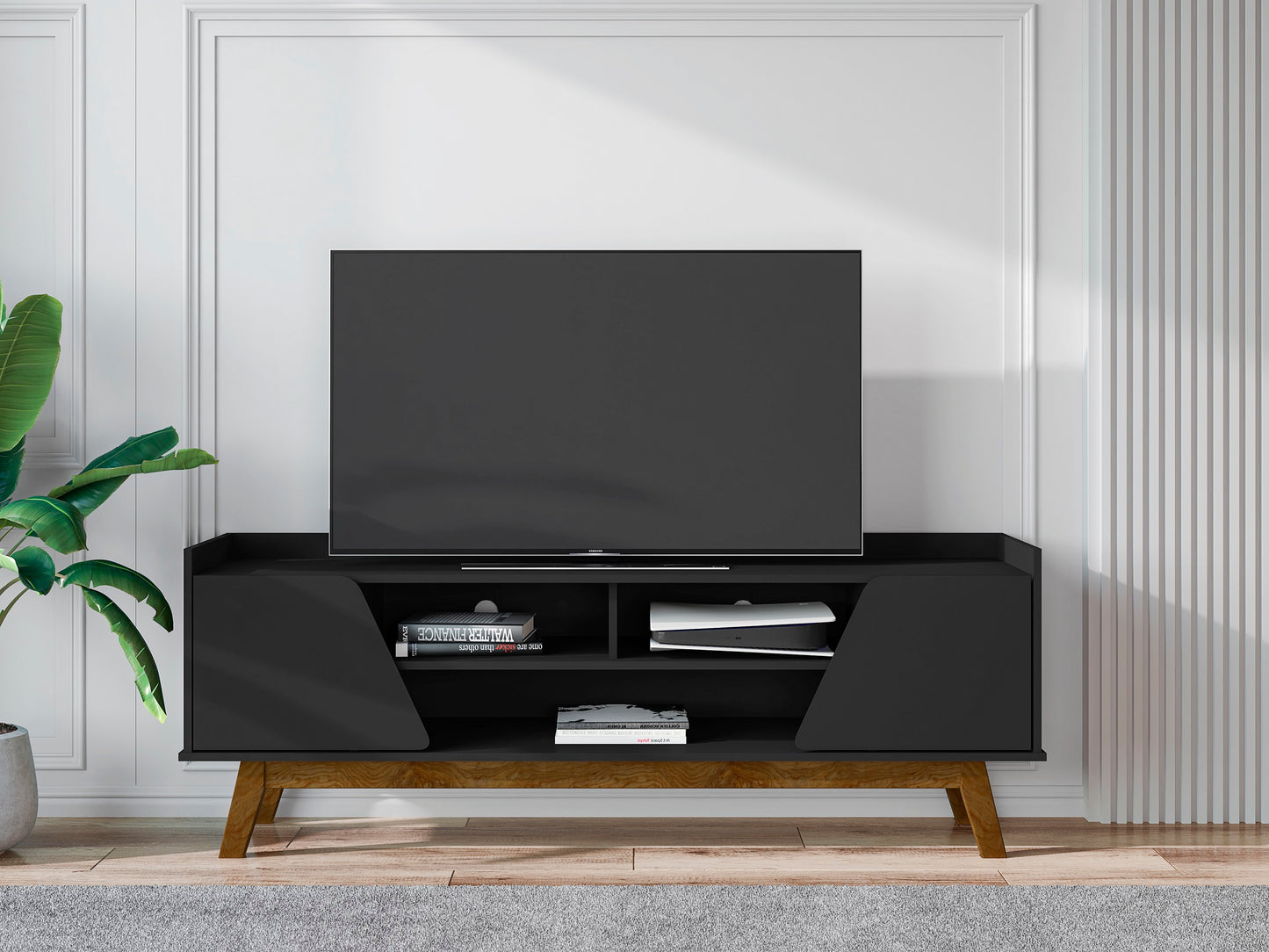 Manhattan Comfort Mid-Century Modern Marcus 62.99 TV Stand with Solid Wood Legs in Matte Black 260BMC8