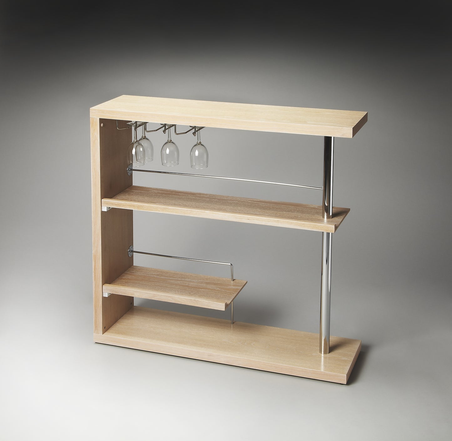 Butler Specialty Company Broadway 40 in. W Rectangular Wood and Metal 4 Tier Modern Open Bar Cabinet with Glass Holders, Light Brown