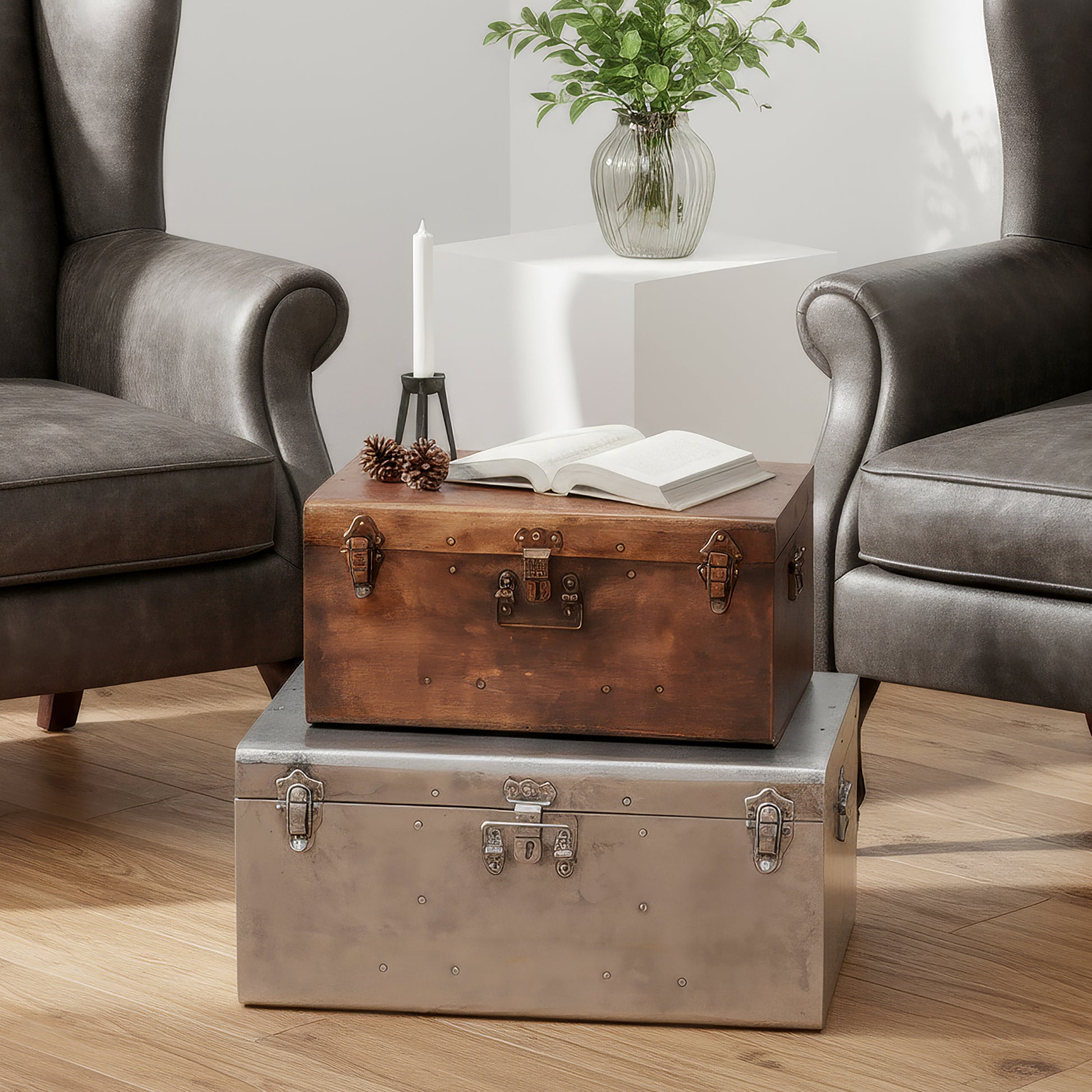 Butler Specialty Company Spirit Rectangular Iron Set of 3 Storage Trunk Set, Assorted