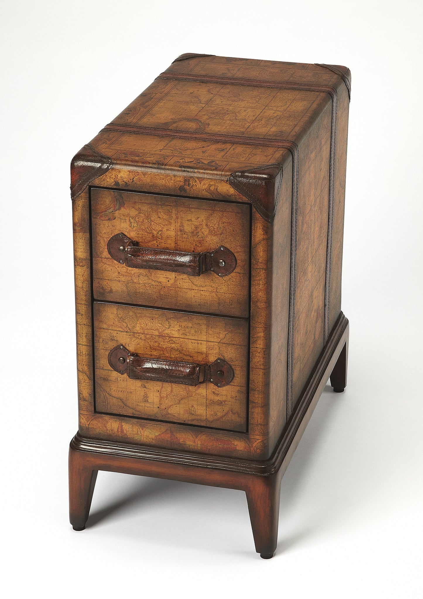 Butler Specialty Company Vasco 13 in. W Rectangular Wood Old World Map 2 Drawer Side Table, Medium Brown