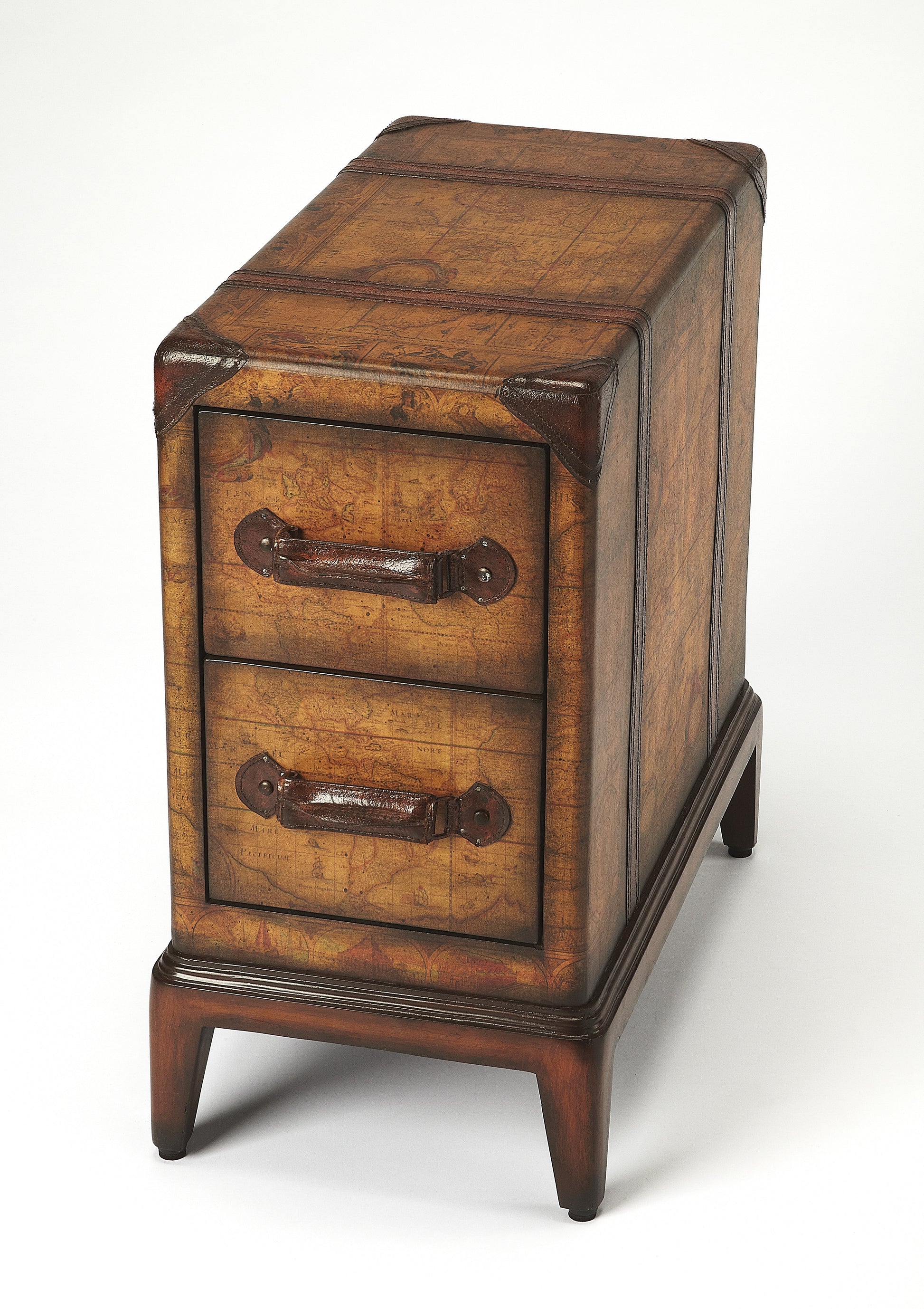 Butler Specialty Company Vasco 13 in. W Rectangular Wood Old World Map 2 Drawer Side Table, Medium Brown