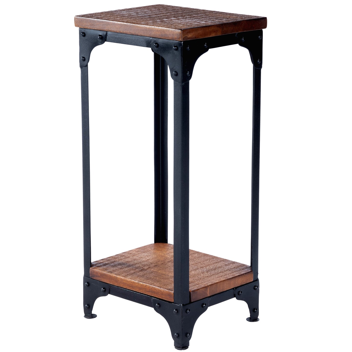 Butler Specialty Company Gandolph 13.5 in. W Square Wood and Metal Industrial Chic Pedestal Stand with Lower Open Shelf, Medium Brown