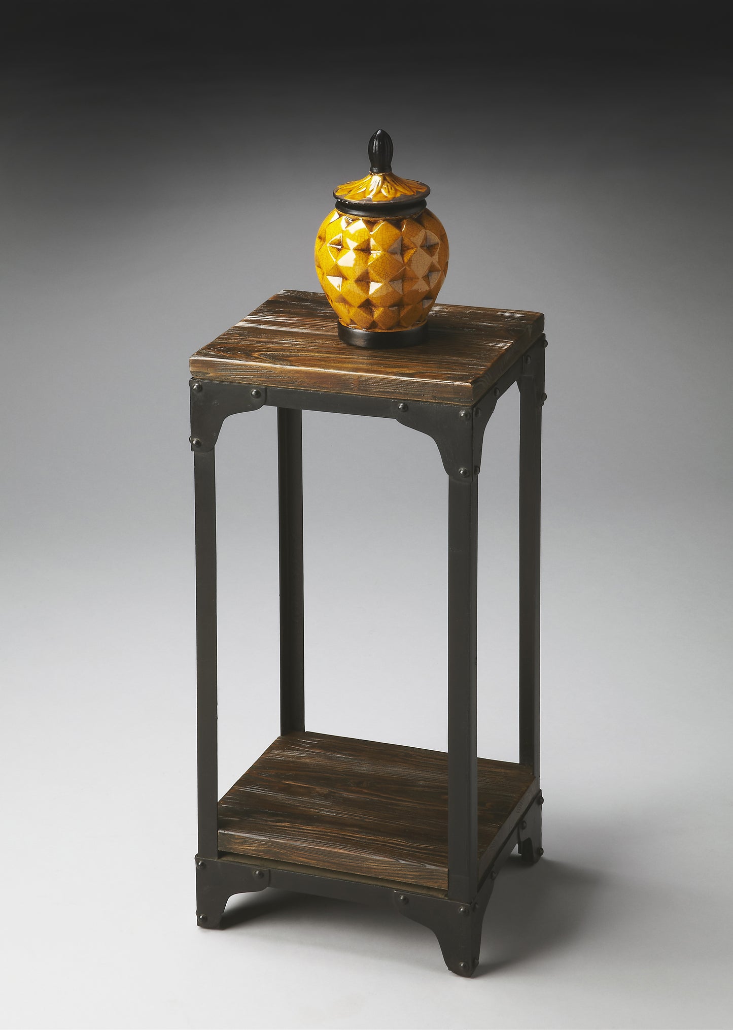 Butler Specialty Company Gandolph 13.5 in. W Square Wood and Metal Industrial Chic Pedestal Stand with Lower Open Shelf, Medium Brown