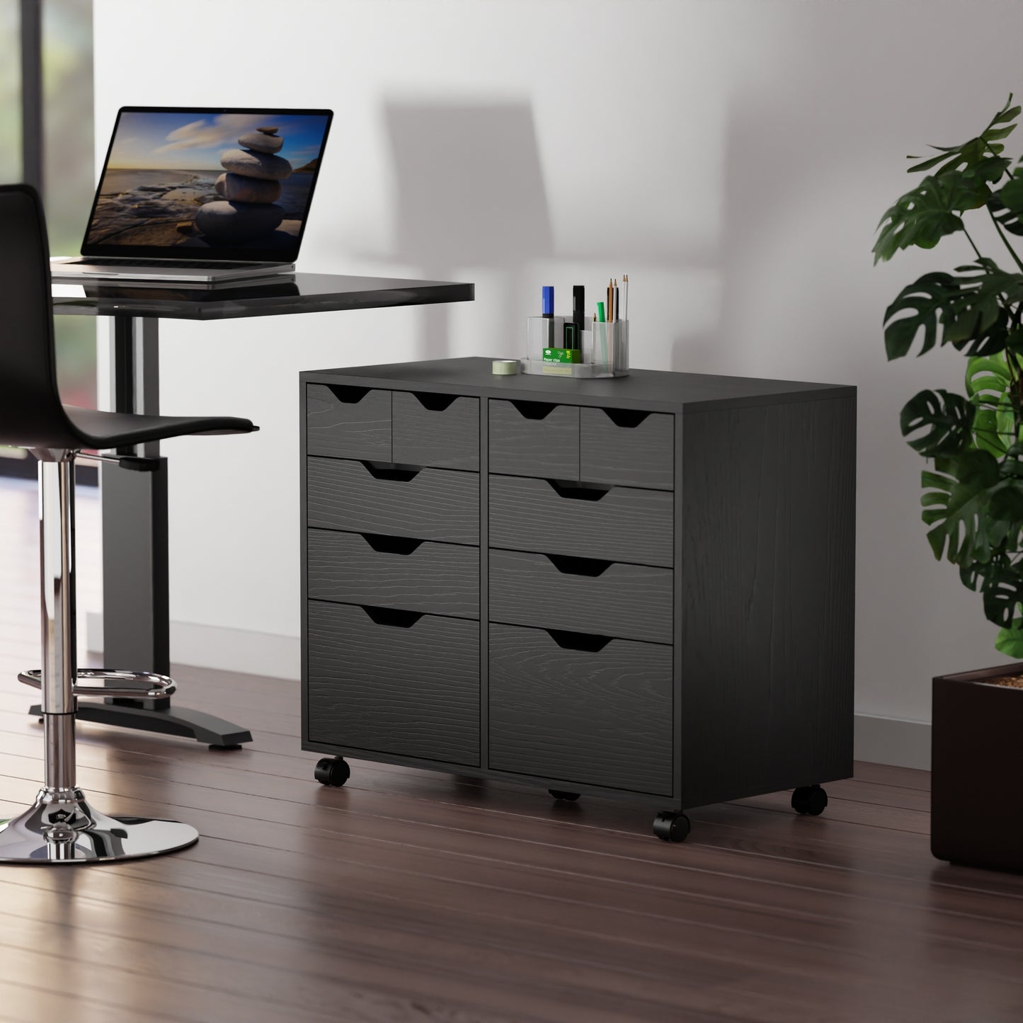 Halifax Bins & Drawers Multi-Storage Wide Mobile Cabinet,. Black