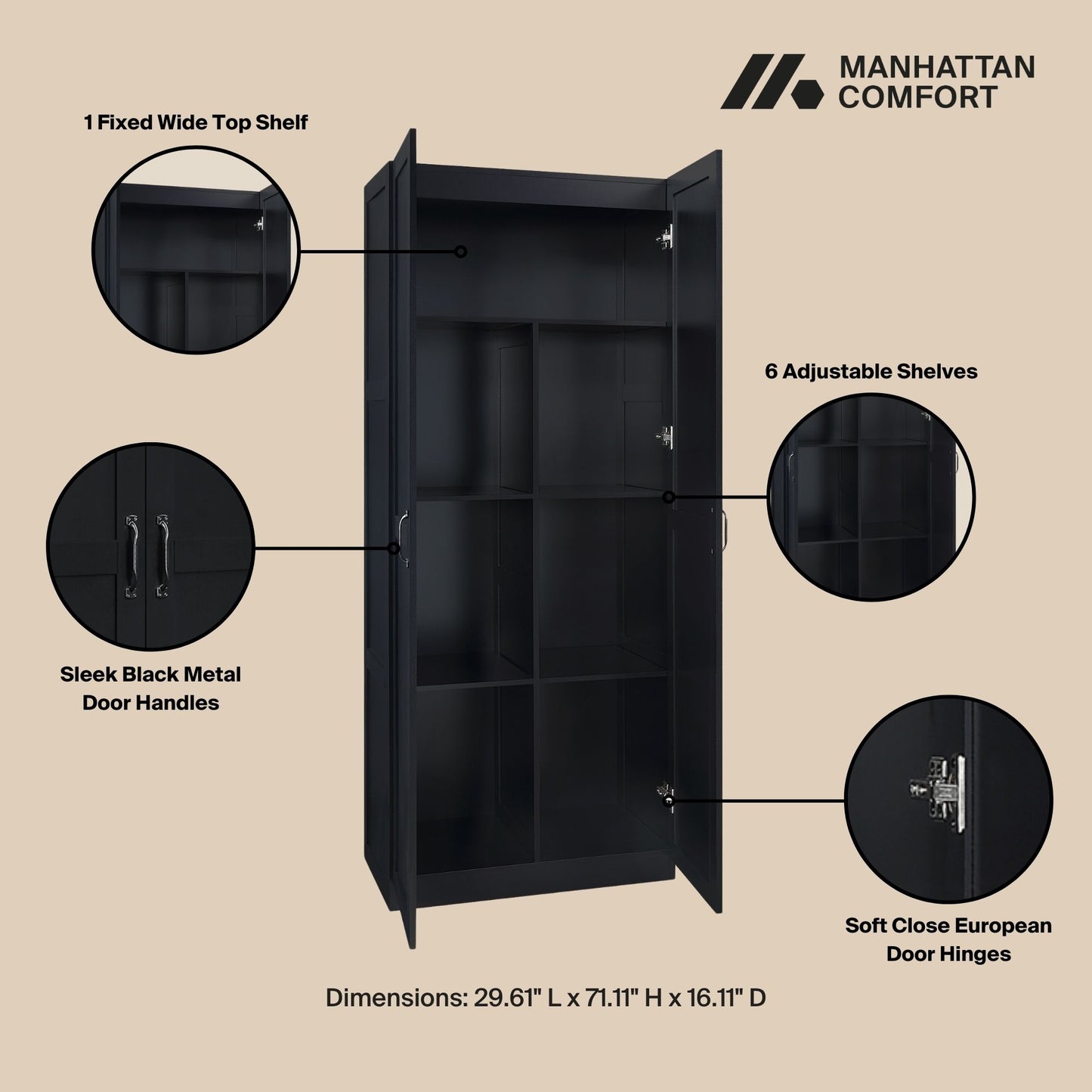 Cornelia Modern 30" Storage Cabinet in Black (7-Shelf) 2BC-BK