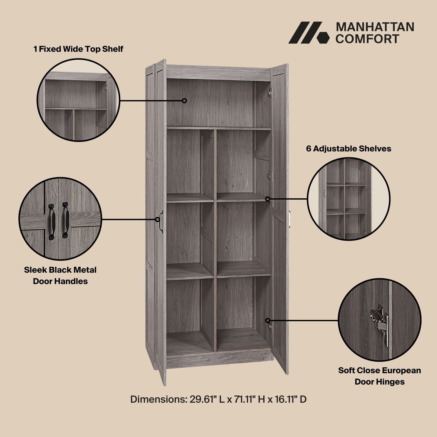 Cornelia Modern 30" Storage Cabinet in Gray (7-Shelf) 2BC-GY