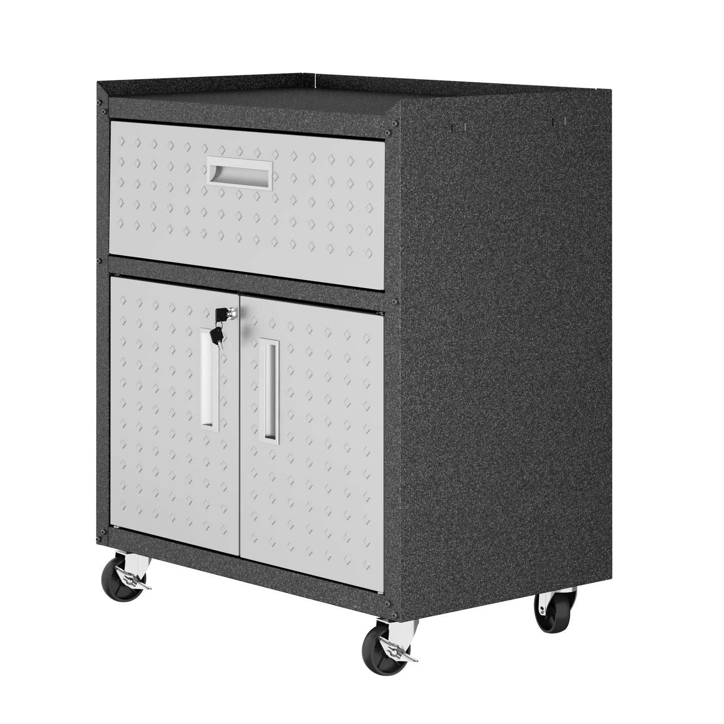 Manhattan Comfort Fortress Textured Metal 31.5" Garage Mobile Cabinet with 1 Full Extension Drawer and 2 Adjustable Shelves in Grey 2GMCC