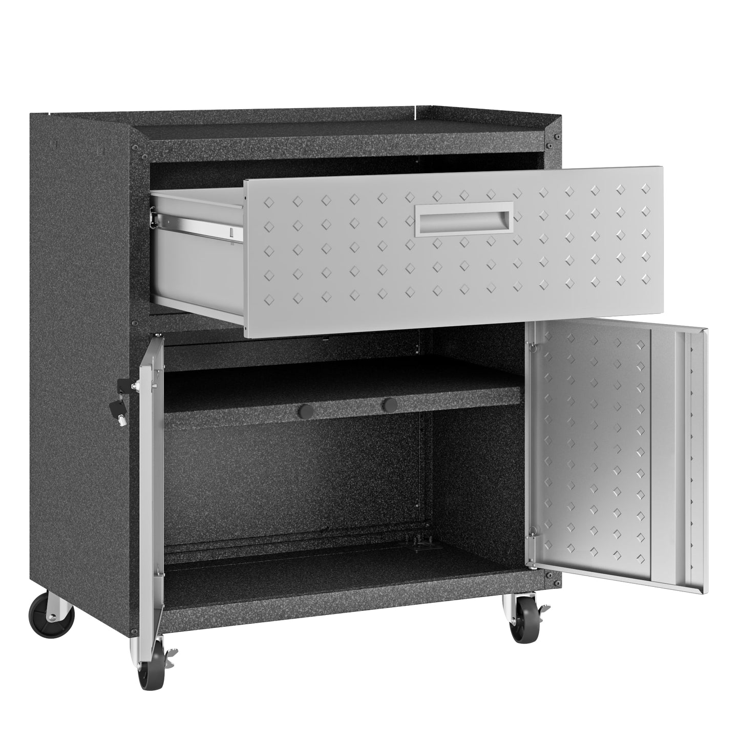 Manhattan Comfort Fortress Textured Metal 31.5" Garage Mobile Cabinet with 1 Full Extension Drawer and 2 Adjustable Shelves in Grey 2GMCC