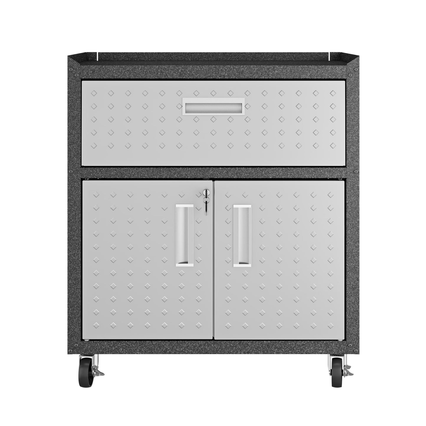 Manhattan Comfort Fortress Textured Metal 31.5" Garage Mobile Cabinet with 1 Full Extension Drawer and 2 Adjustable Shelves in Grey 2GMCC