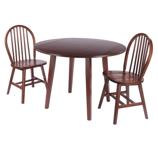 Dawson Extendable Round Dining Table with 2 Windsor Chairs, 43" Wide, Walnut