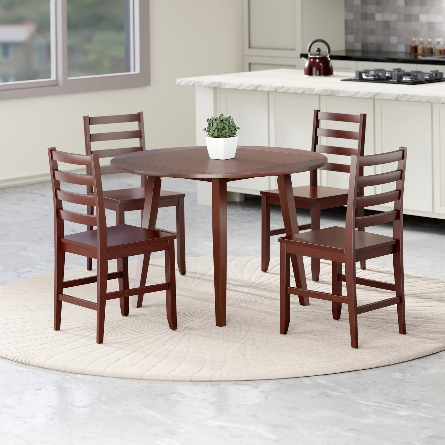 Dawson Extendable Round Dining Table with 4 Ladder-Back Chairs, 43" Wide, Walnut