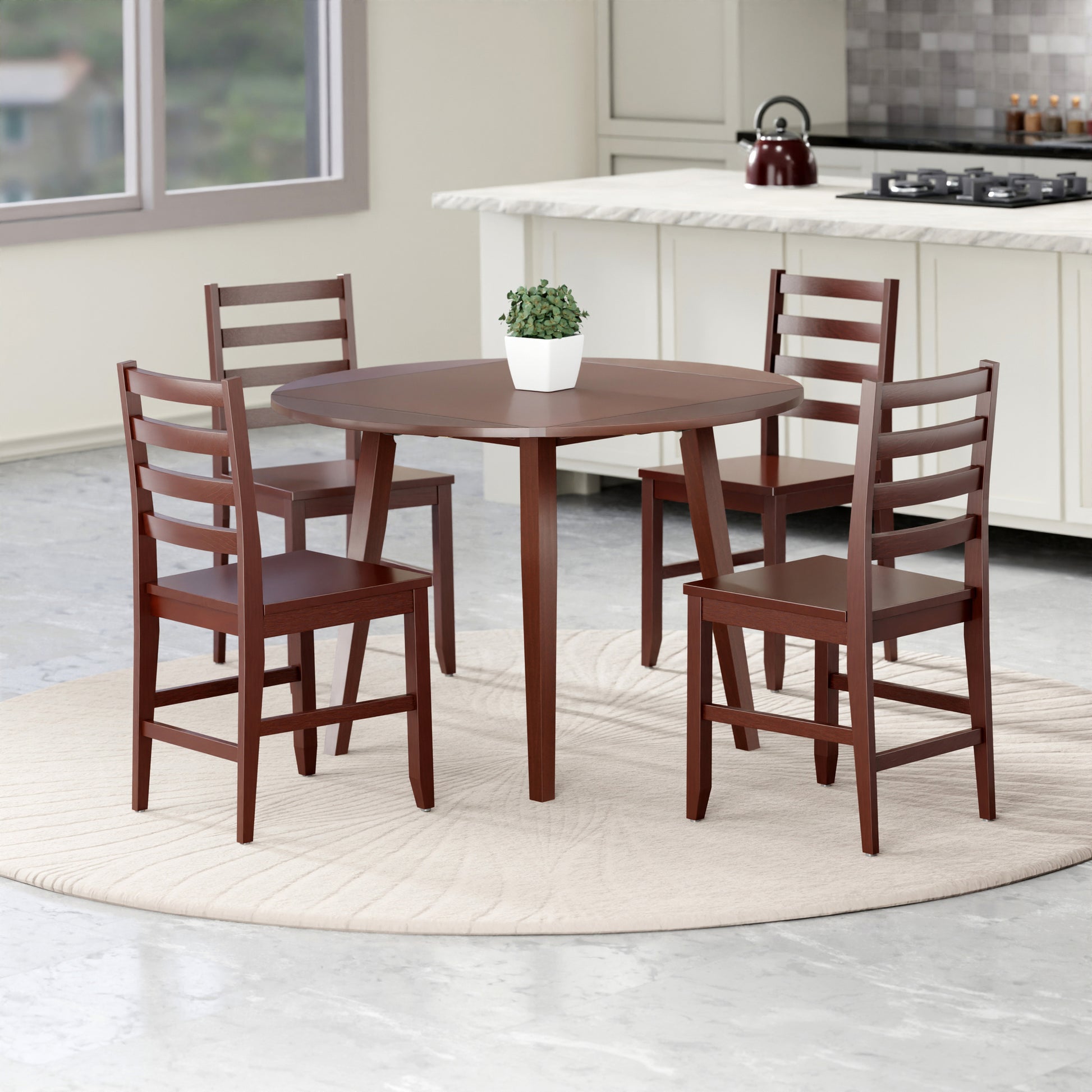 Dawson Extendable Round Dining Table with 4 Ladder-Back Chairs, 43" Wide, Walnut