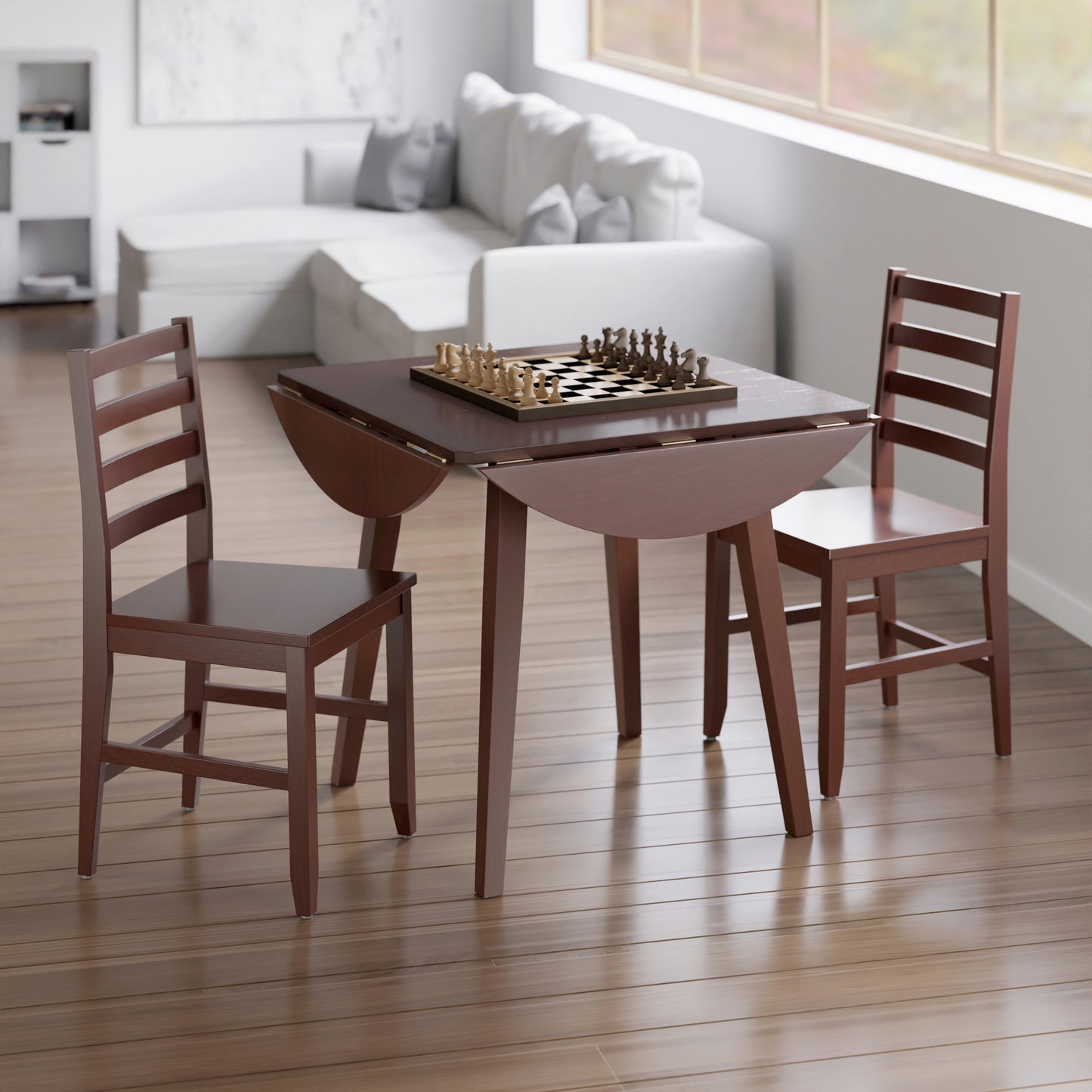 Dawson Extendable Round Dining Table with 2 Ladder-Back Chairs, 43" Wide, Walnut