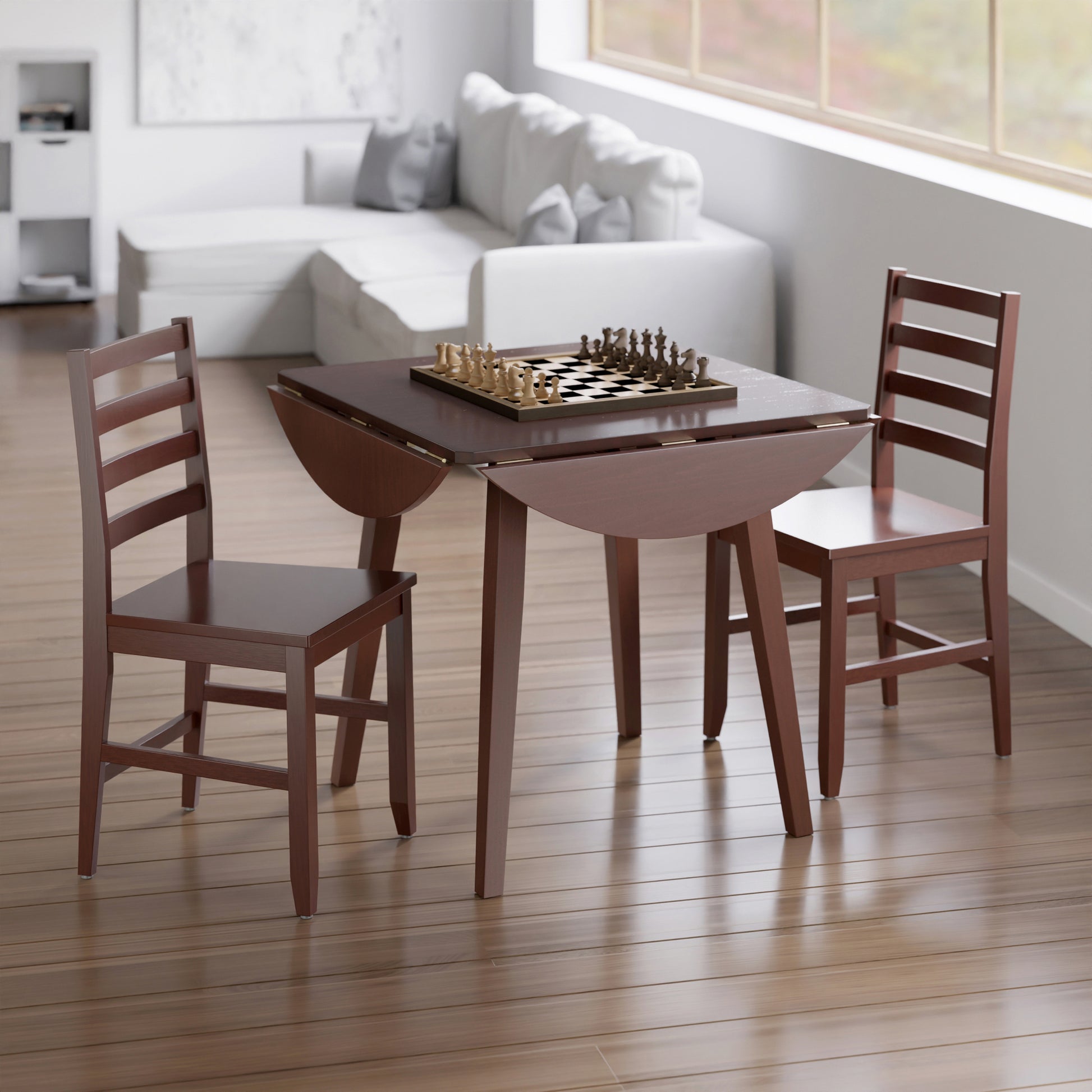 Dawson Extendable Round Dining Table with 2 Ladder-Back Chairs, 43" Wide, Walnut