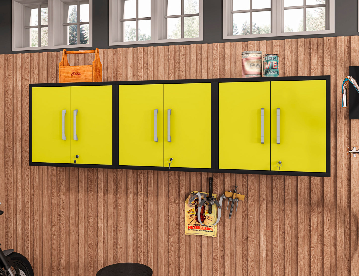 Manhattan Comfort Eiffel Floating Garage Cabinet in Matte Black and Yellow (Set of 3) 3-251BMC84