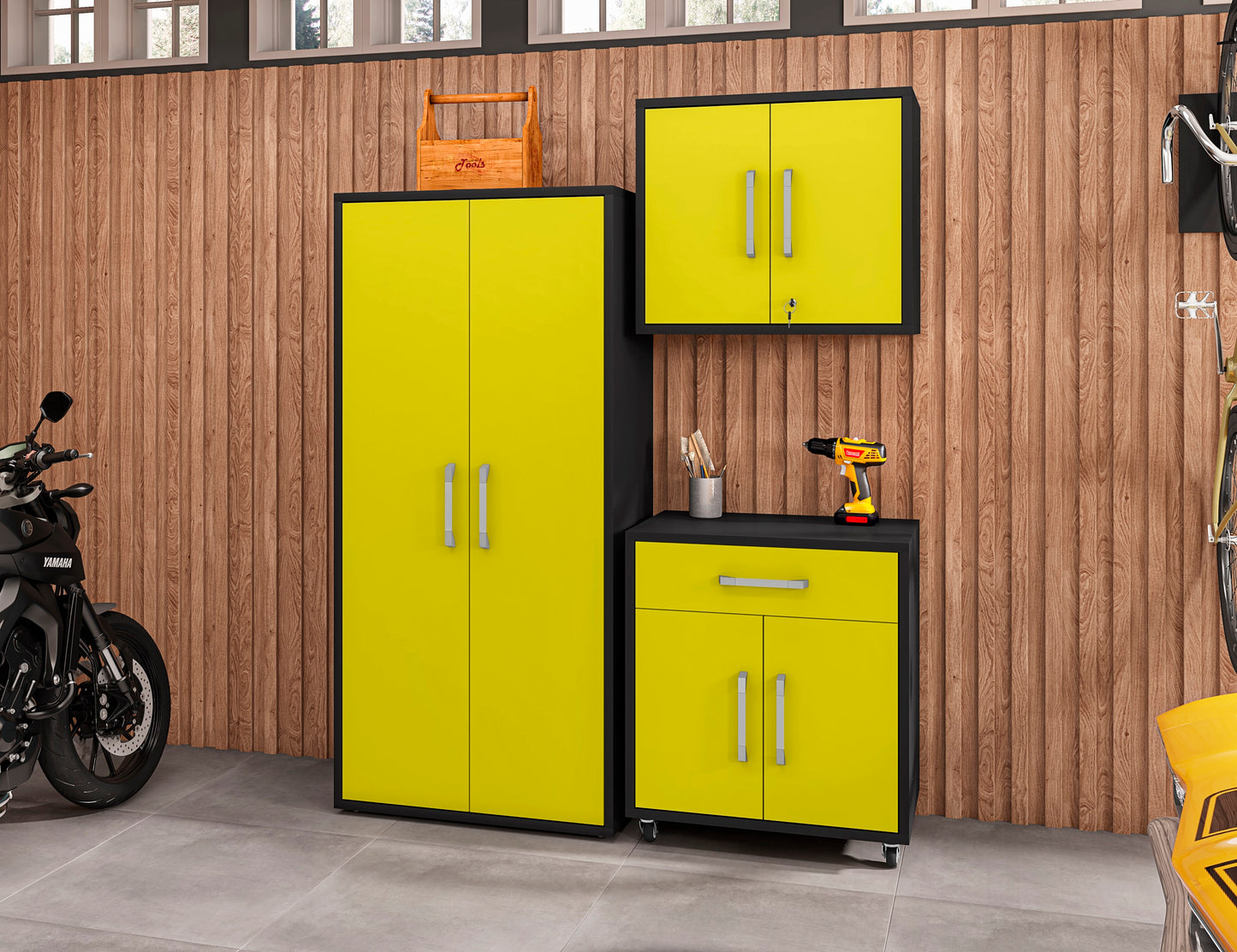 Manhattan Comfort Eiffel 3-Piece Storage Garage Set in Matte Black and Yellow 3-255BMC84