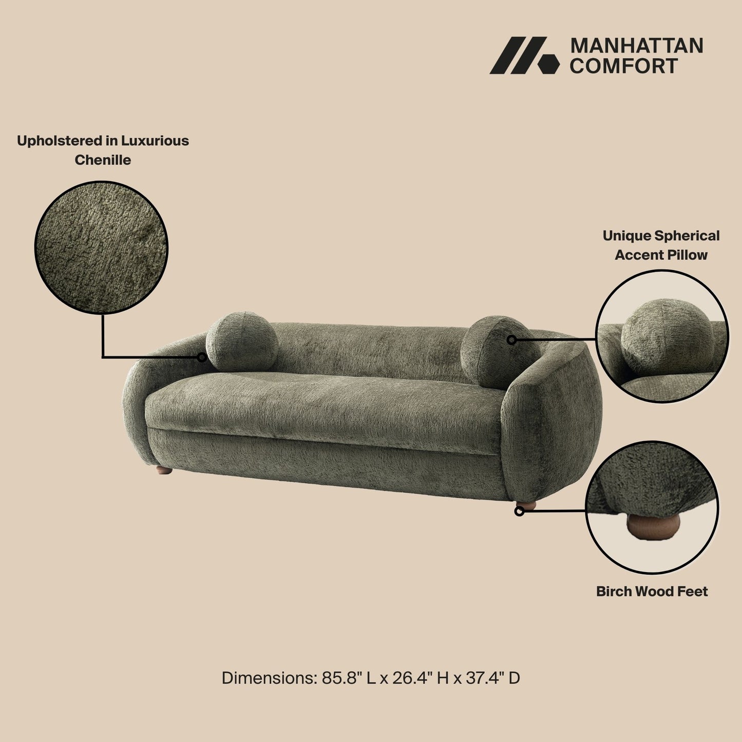Tribeca Mid-Century Modern 3-Piece Sofa Set in Olive Green 3-ACSF16-OG