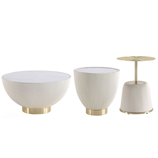 Manhattan Comfort Modern Anderson Coffee Table, End Table 1.0, and End Table 2.0 Upholstered in Cream Leatherette with Ceramic Faux Tabletop and Gold Metal Tabletop- Set of 3 3-AT01-CR