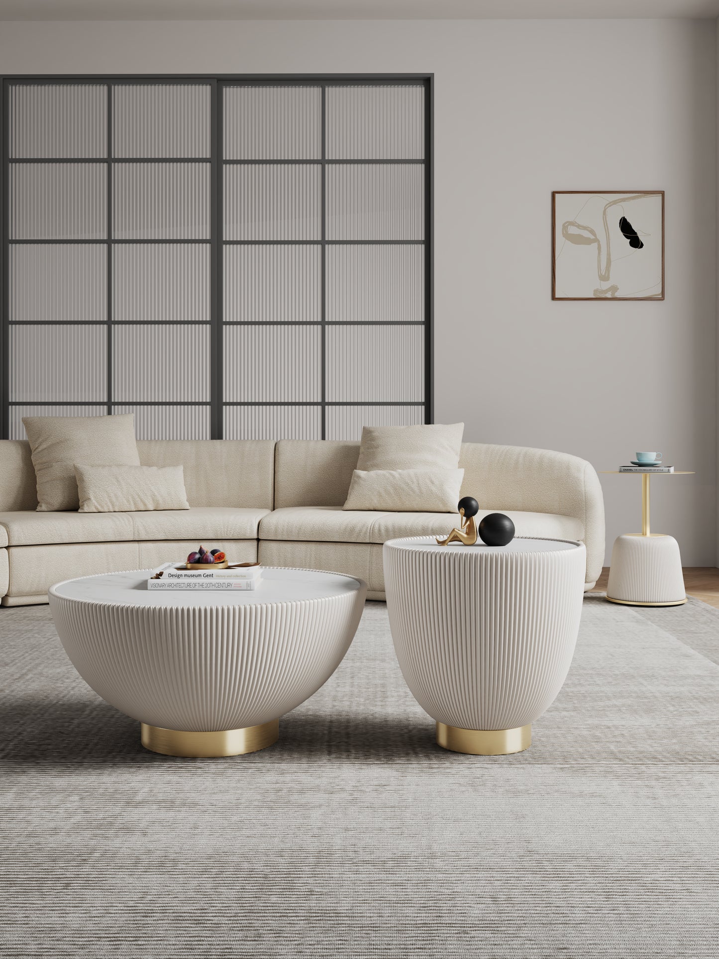 Manhattan Comfort Modern Anderson Coffee Table, End Table 1.0, and End Table 2.0 Upholstered in Cream Leatherette with Ceramic Faux Tabletop and Gold Metal Tabletop- Set of 3 3-AT01-CR